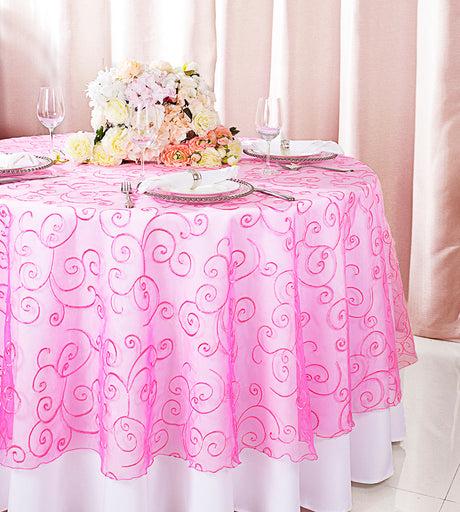 Round Embroidered Organza Table Overlay 108" Bubble Gum