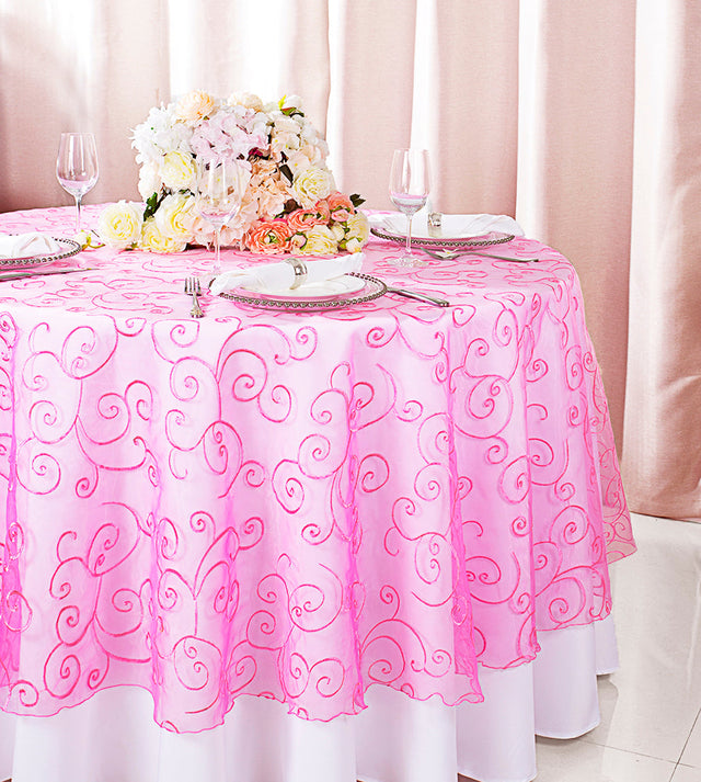 Round Embroidered Organza Table Overlay 108" Bubble Gum
