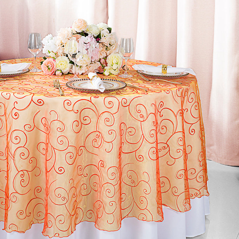 Round Embroidered Organza Table Overlay 108" Orange
