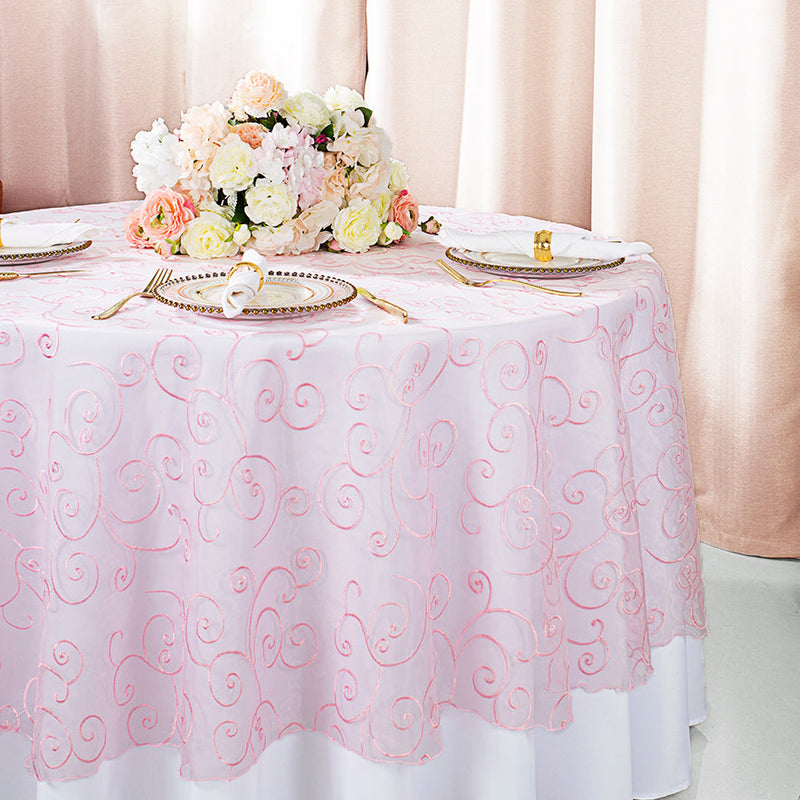 Round Embroidered Organza Table Overlay 108" Pink
