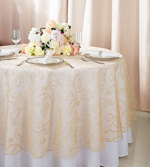Round Embroidered Organza Table Overlay Champagne