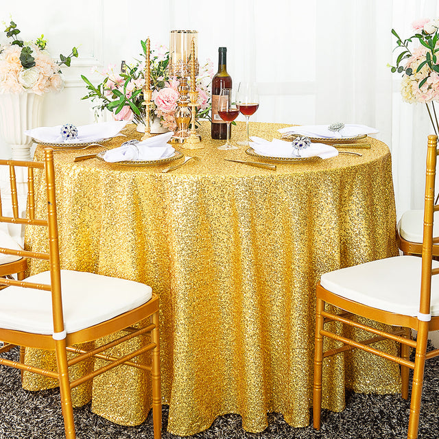 Round Sequin Taffeta Tablecloth 120" Light Gold