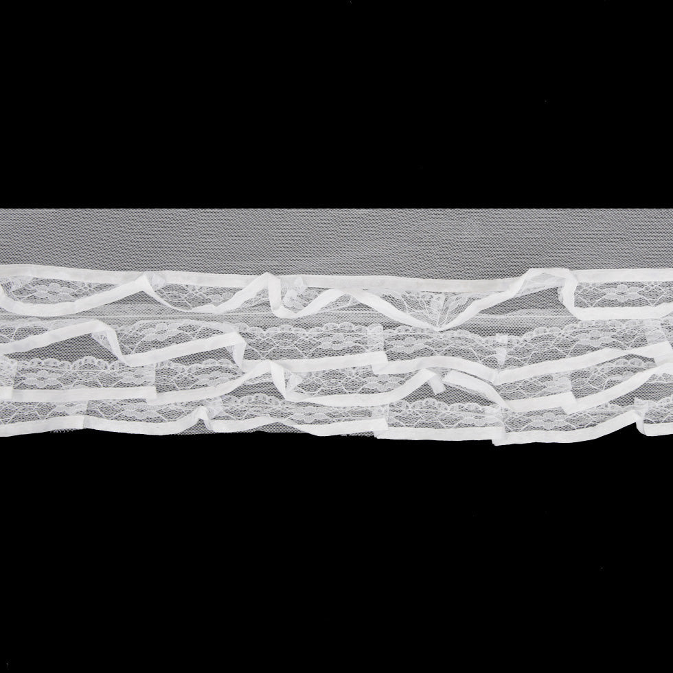 3.5" White Pleated Lace w/ Satin Edge