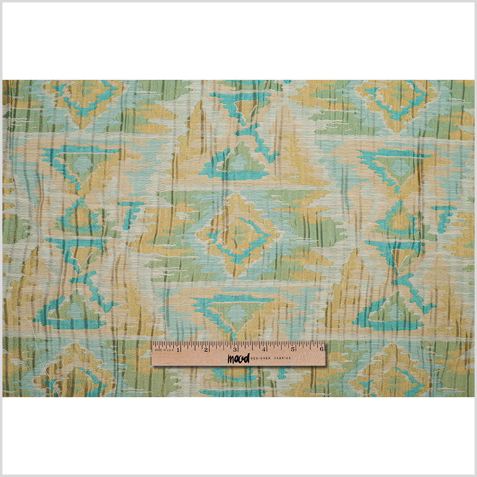 Indian Blue/Yellow Ikat-Like Geometric Poly/Cotton Brocade