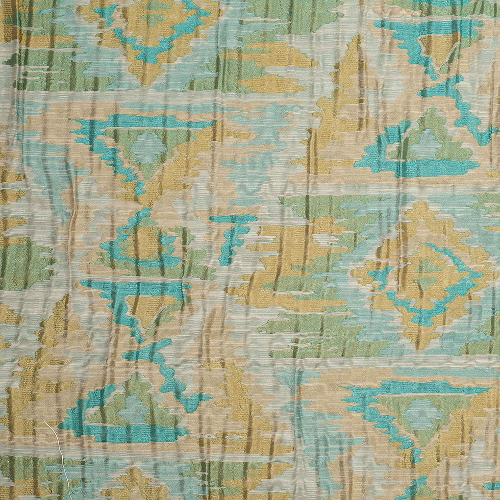 Indian Blue/Yellow Ikat-Like Geometric Poly/Cotton Brocade