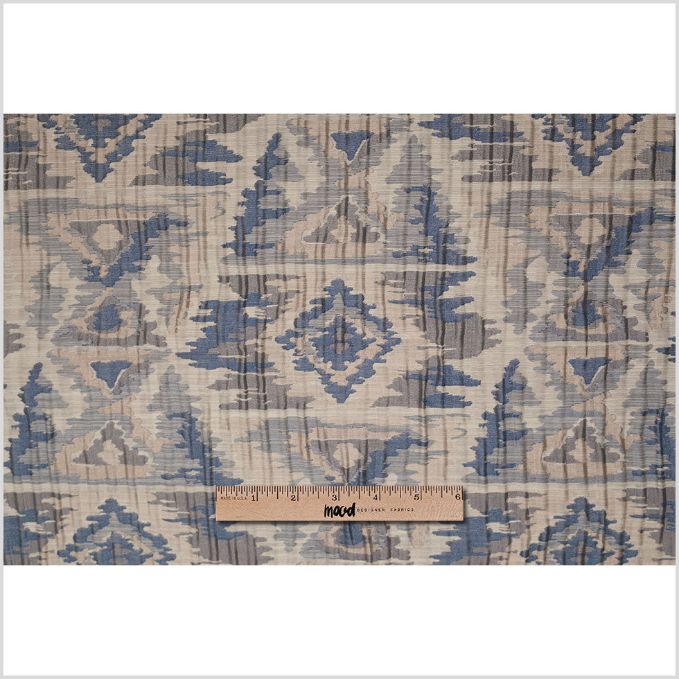 Indian Blue/Beige Ikat-Like Geometric Poly/Cotton Brocade