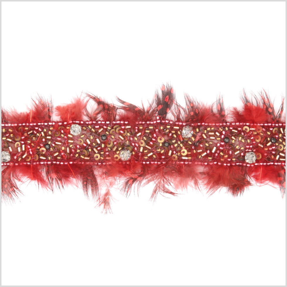 0.875" Red Beaded Feather and Rhinestone Trim