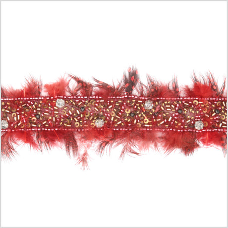 0.875" Red Beaded Feather and Rhinestone Trim