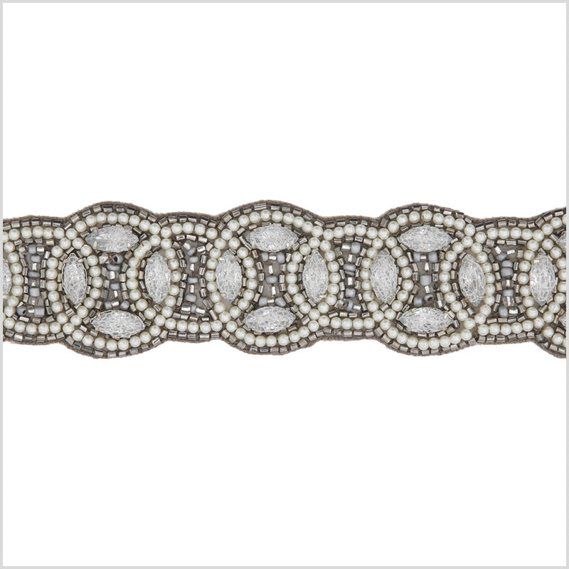 1.5" Pearl/Gunmetal Beaded Rhinestone Trim