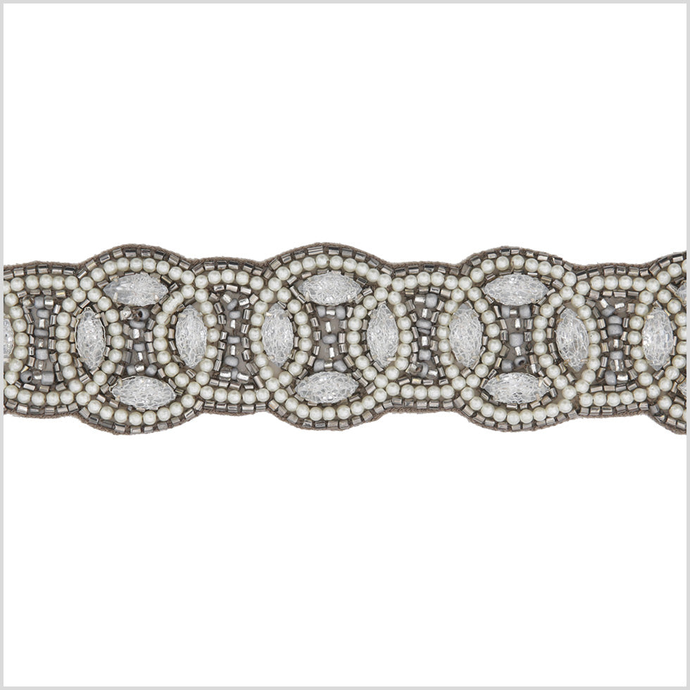 1.5" Pearl/Gunmetal Beaded Rhinestone Trim