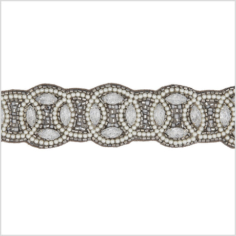 1.5" Pearl/Gunmetal Beaded Rhinestone Trim