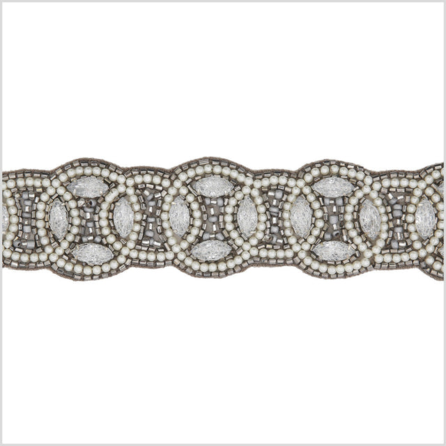 1.5" Pearl/Gunmetal Beaded Rhinestone Trim