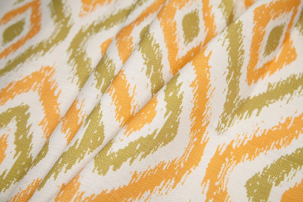 Spanish Green/Orange Ikat-Like Geometric Poly/Cotton Canvas