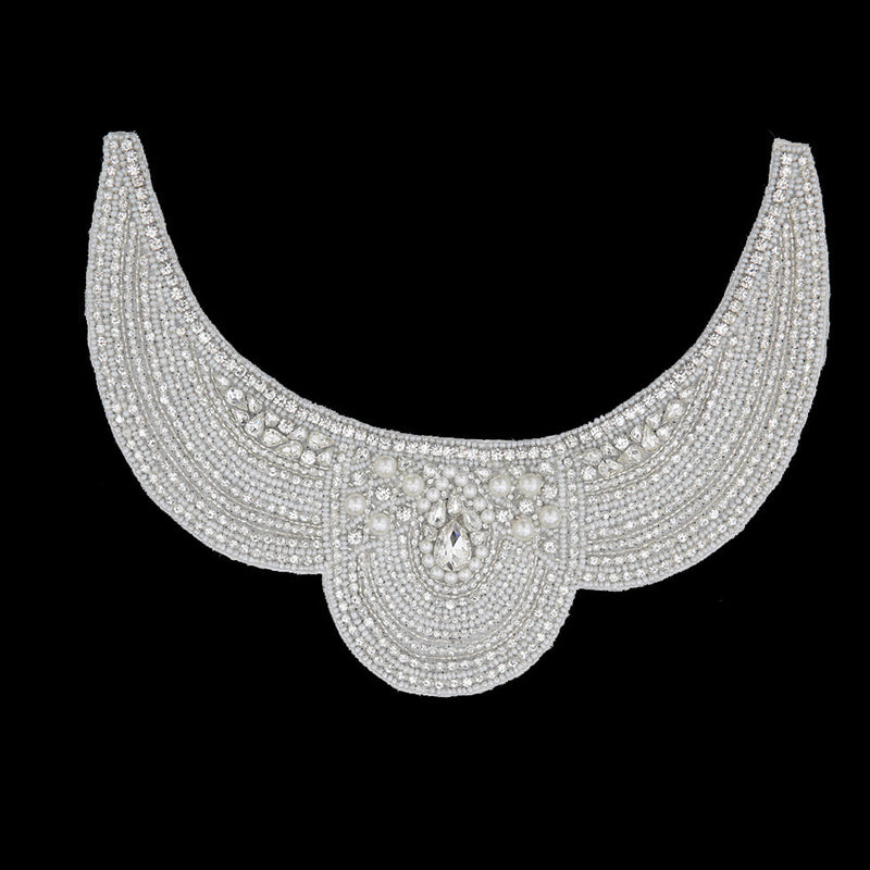 Pearl White/Silver Beaded Rhinestone Neck Applique