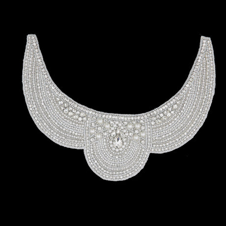 Pearl White/Silver Beaded Rhinestone Neck Applique