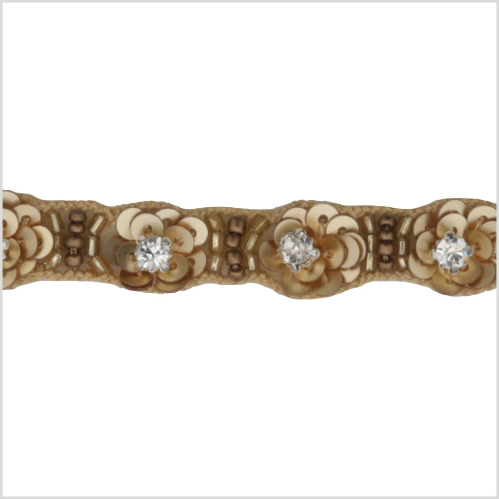 0.5" Gold Floral Beaded Rhinestone Trim With Sequins