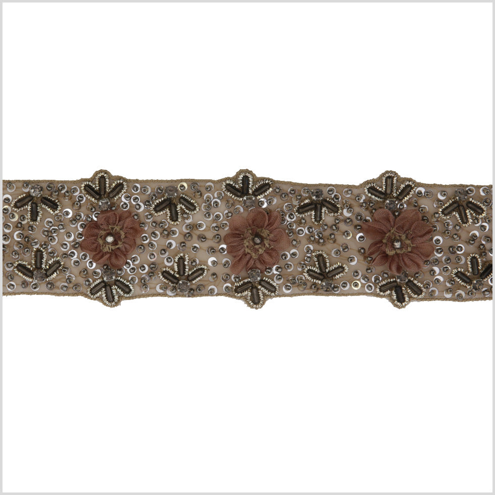 2" Beige Floral Beaded Rhinestone Trim
