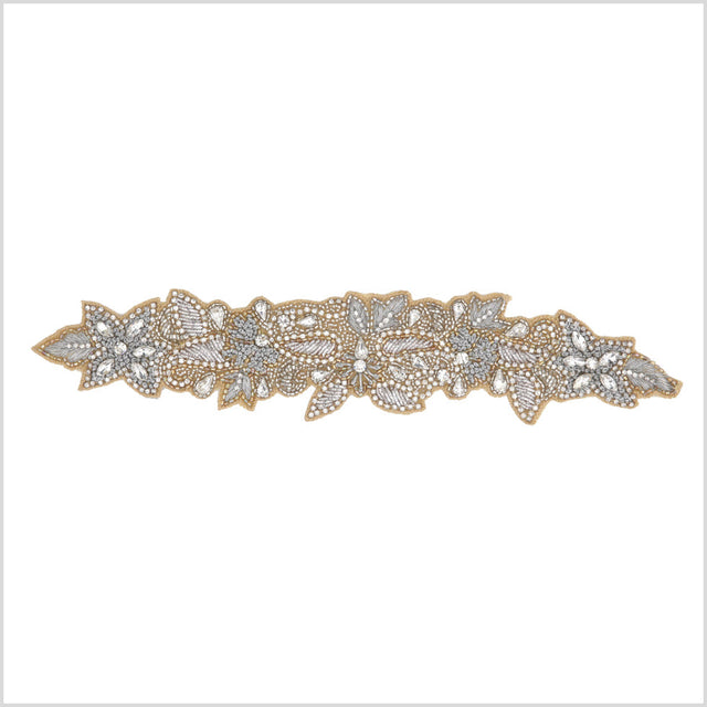 Silver/Beige Beaded Rhinestone Applique