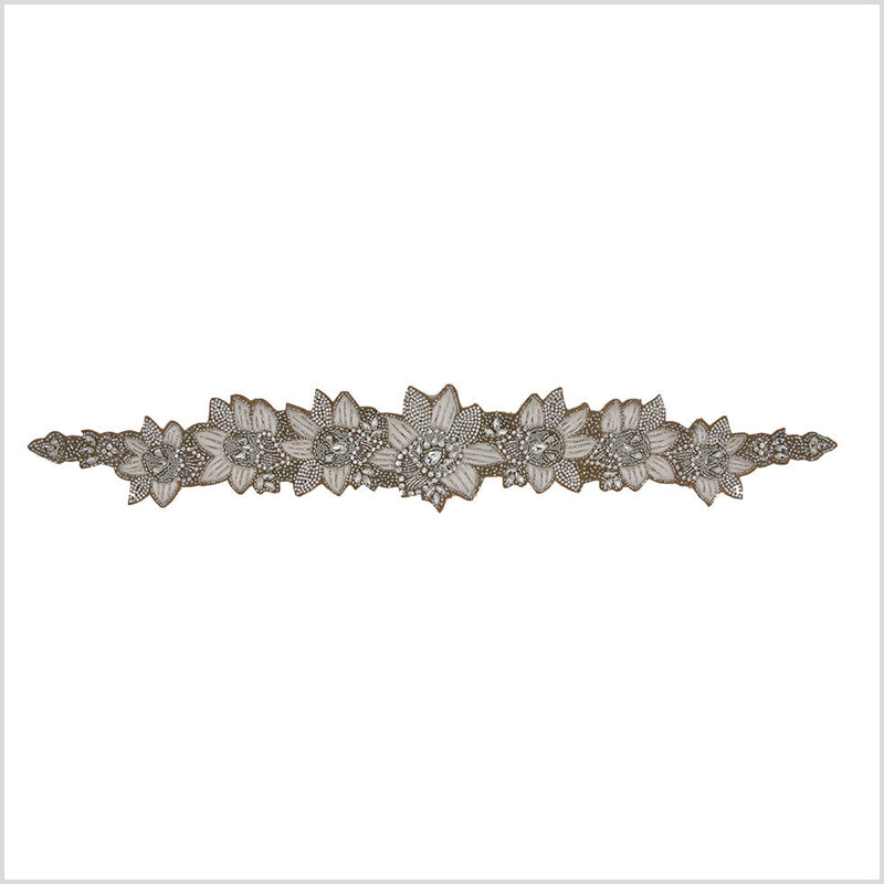 Silver/Ivory/Dark Beige Beaded Rhinestone Applique