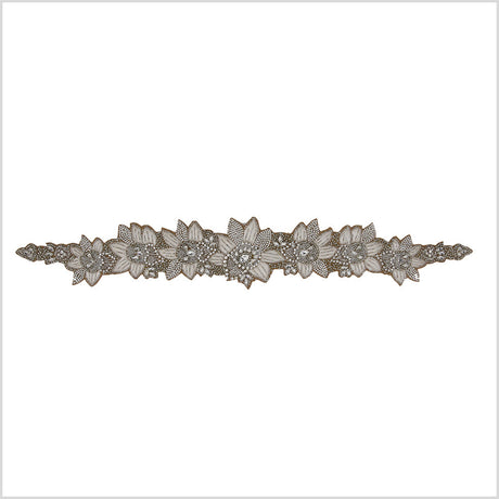 Silver/Ivory/Dark Beige Beaded Rhinestone Applique