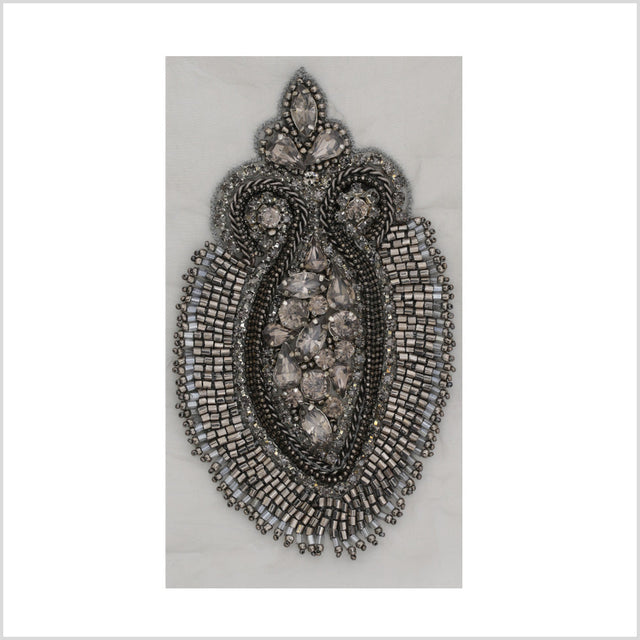 Gunmetal Beaded Rhinestone Applique on Gray Organza