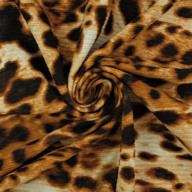1 Yard 4x2 Yummy Rib Animal Leopard Print Knit Fabric, Soft Stretch Polyester Spandex 58/60” Wide