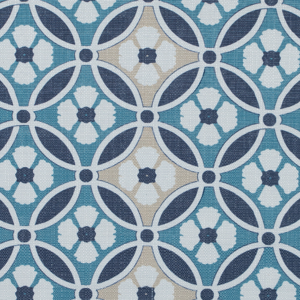 Spanish Navy and Beige Floral Geometric Poly-Cotton Canvas