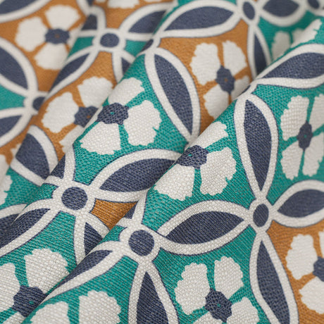 Spanish Green/Blue Floral Geometric Poly/Cotton Canvas
