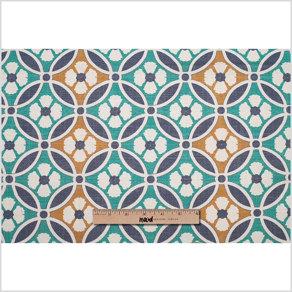 Spanish Green/Blue Floral Geometric Poly/Cotton Canvas