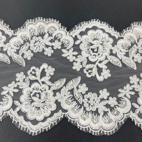Beaded Corded Floral Lace Trim White