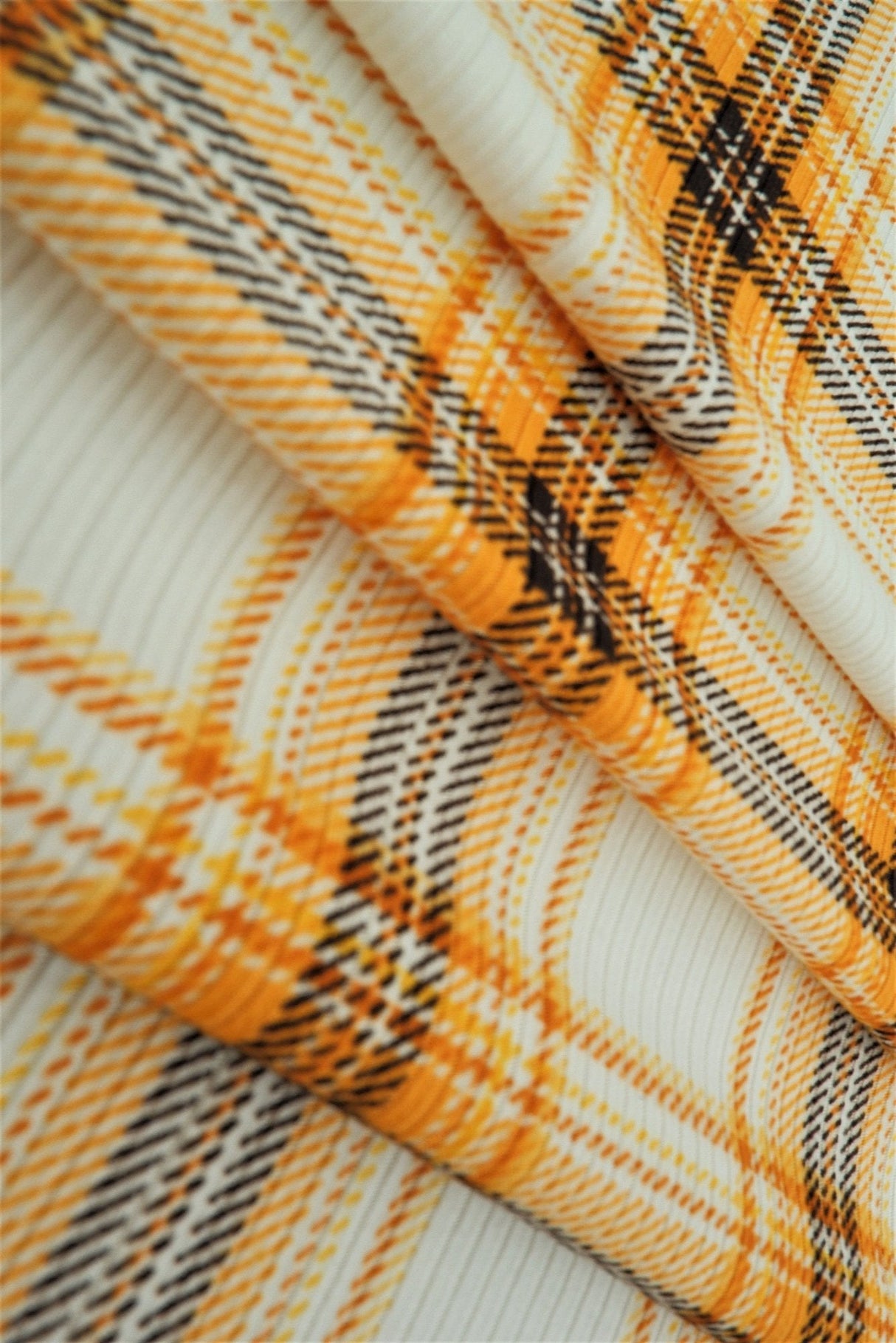 Plaid Rib Knit Stretch Fabric Ivory/Mustard