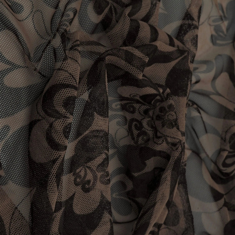 1 Yard Khaki Coffee Floral Mesh Fabric Big Flower Stretch 54 Inch Wide