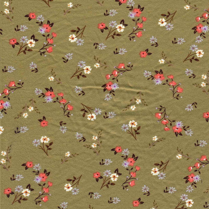 1 Yard Olive Vintage Ditsy Floral Brushed DTY Knit Fabric Soft Stretch 58/60" Wide