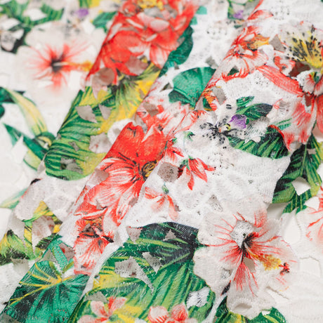 Venise Lace with Finished Edges - Red and Green Tropical Floral Printed