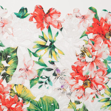 Venise Lace with Finished Edges - Red and Green Tropical Floral Printed