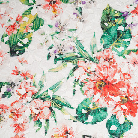 Venise Lace with Finished Edges - Red and Green Tropical Floral Printed