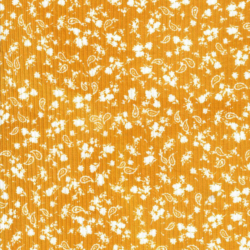 Yellow Mango Ditsy Paisley Floral Yummy Rib Knit Fabric 1 Yard 4x2 Soft Stretch 58/60" Wide