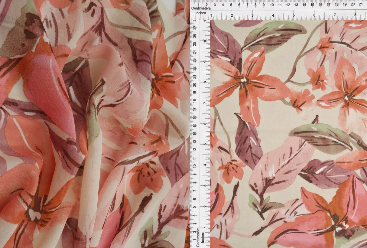 Sand & Rust Hi Multi Chiffon Fabric 1 Yard Big Floral Print Lightweight Drape 57" Wide