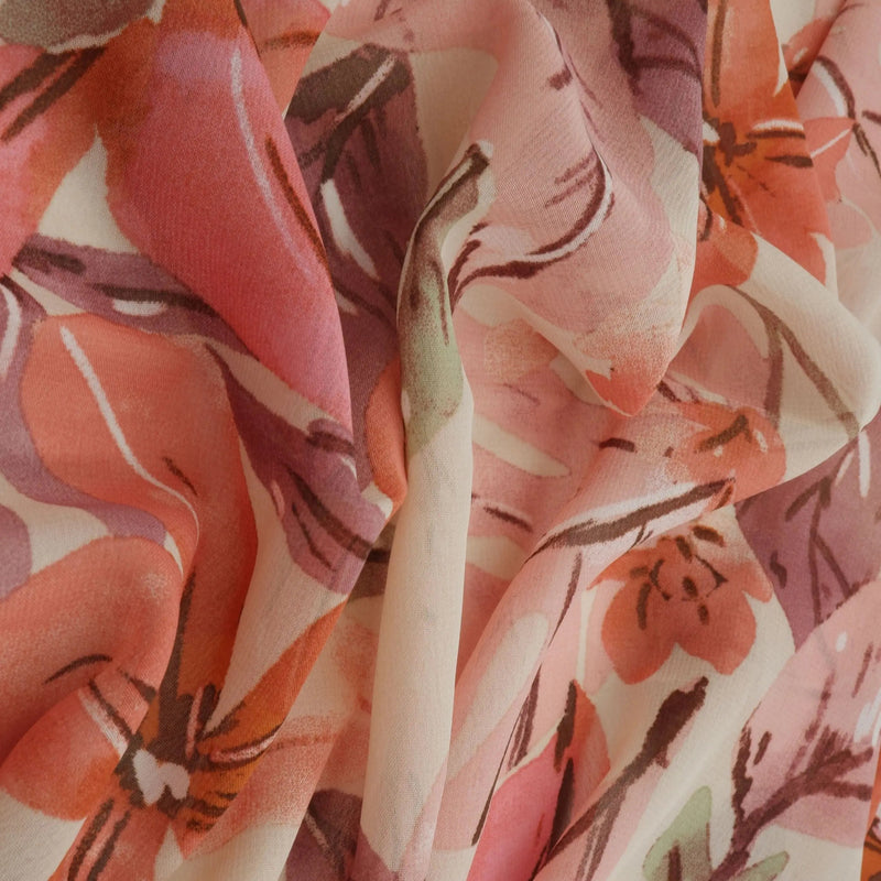 1 Yard Hi Multi Chiffon 57/58'' Wide Sand & Rust Big Floral Print