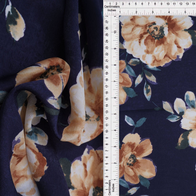 Floral Print Satin Woven Fabric Navy