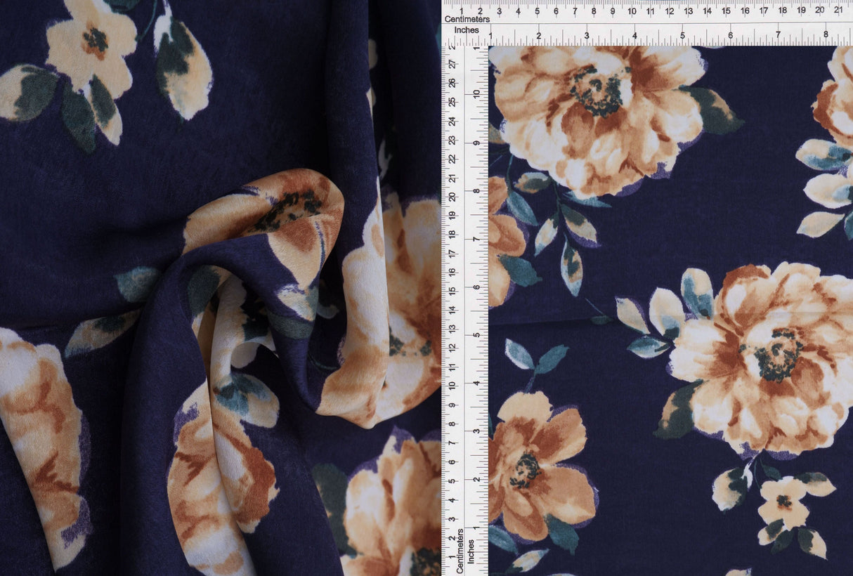 Floral Print Satin Woven Fabric Navy