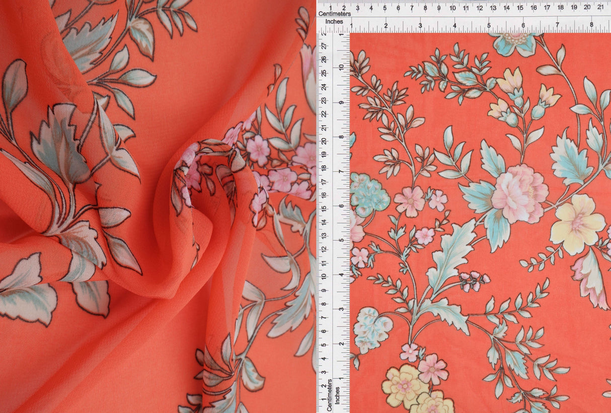 Floral Chiffon Print Fabric Orange