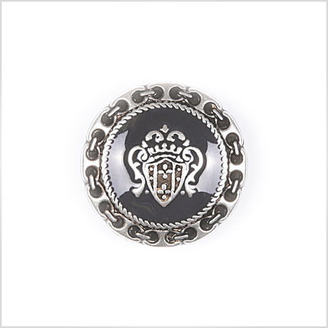 Metal Shank Back Blazer Button - 36L/23mm - Silver and Black Crest and Stitched Links Border
