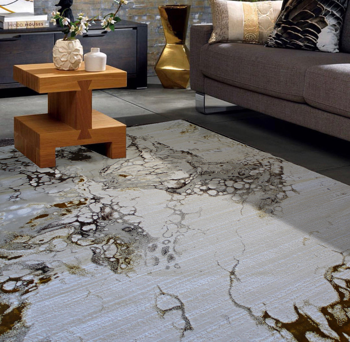 Maximus 188 Polyester Viscose Fabric - Abstract Color-Changing Flat Weave, Golden, 7'6" X 10'3", 5'3" X 7'5" (1 Rug)