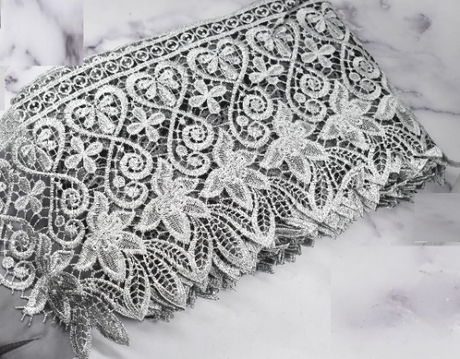 Embroidered Floral Trim Gray Metallic Venice Lace