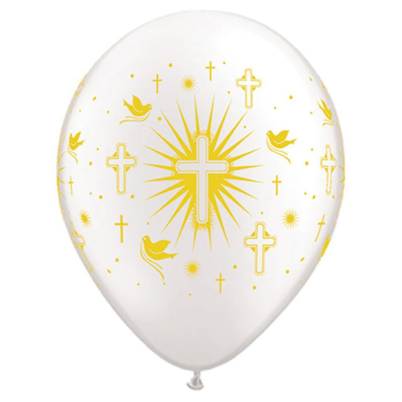 Latex Balloons Cross & Doves Wrap Pearl White Gold Ink