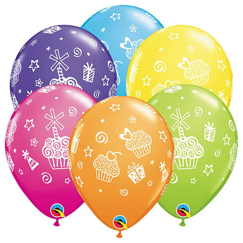 Printed Latex Balloons Cupcakes & Presents 6 Pack