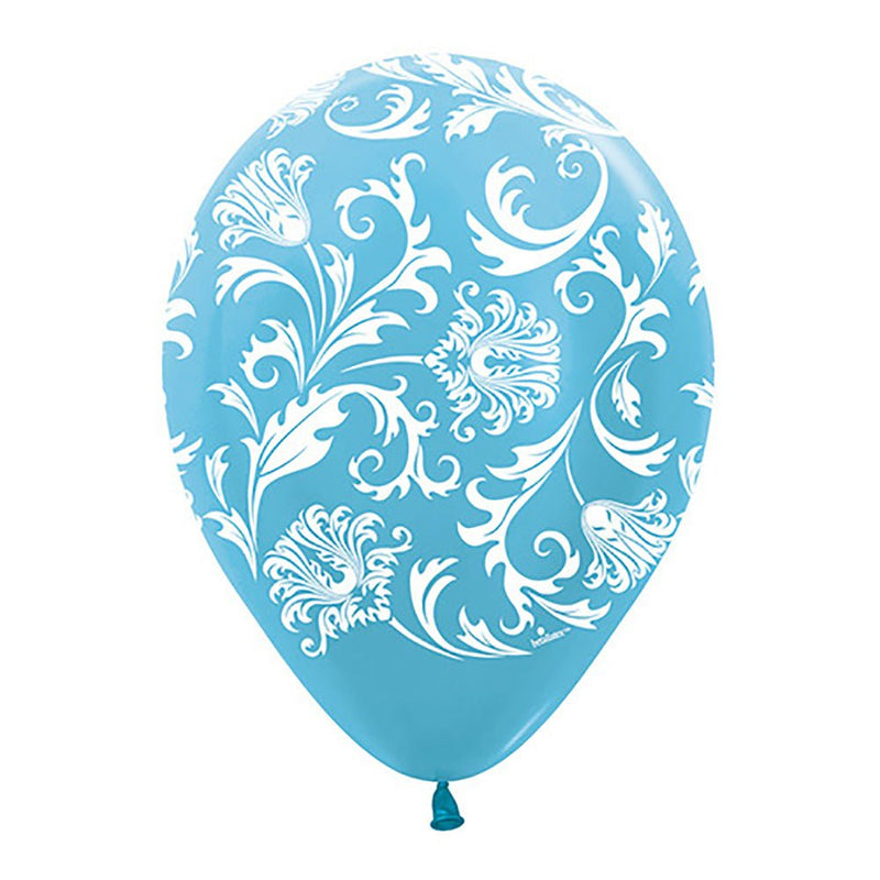 Printed Latex Balloons 11 Inch Damask Pearl Caribbean Blue