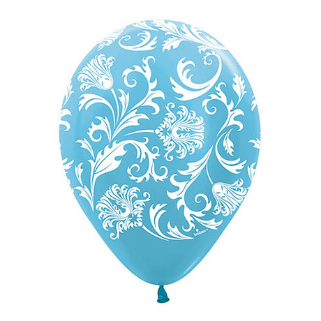 Printed Latex Balloons 11 Inch Damask Pearl Caribbean Blue