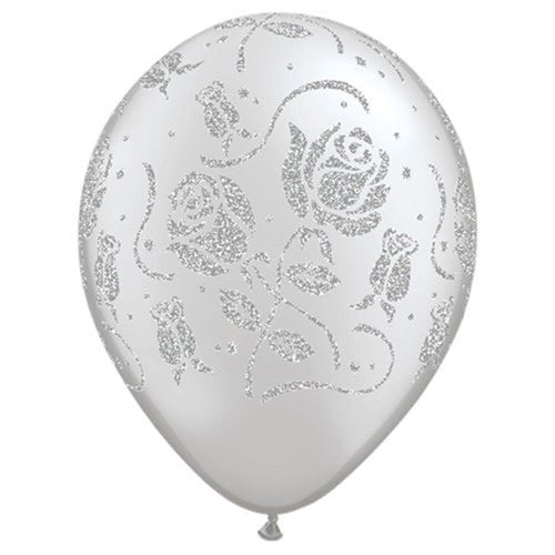 Latex Balloons Glitter Roses-A-Round Silver